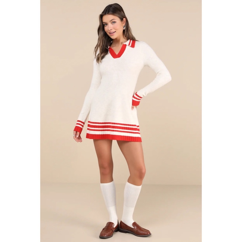 NWT! Lulus- Soft Serenity Heather Ivory/Red Collared Sweater Mini Dress - Medium
